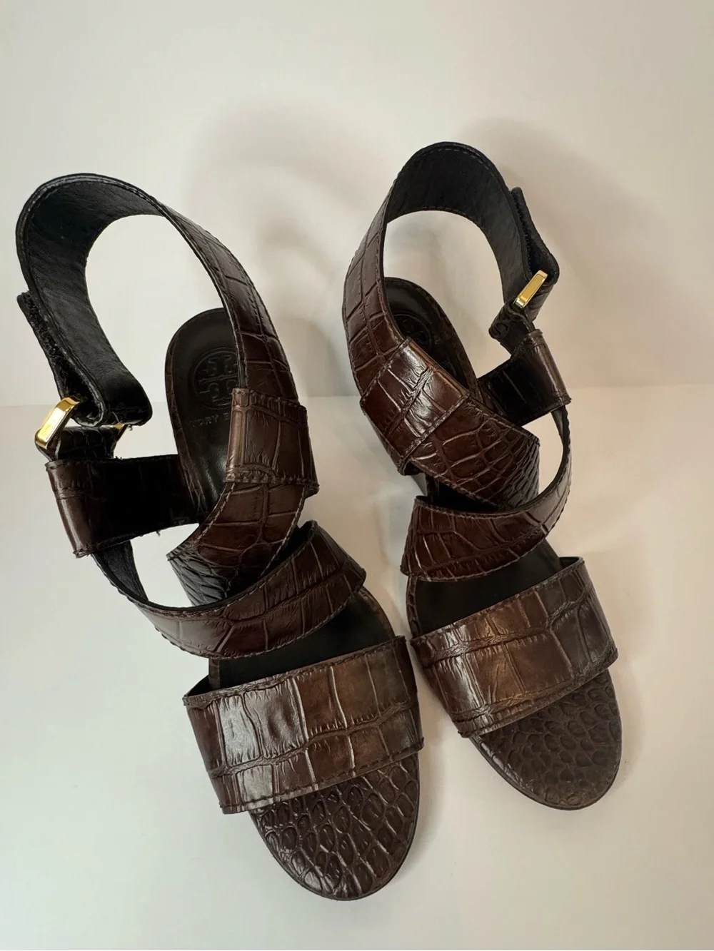 Tory Burch Brown Croc Embossed Leather Wedge Sandals Size 8